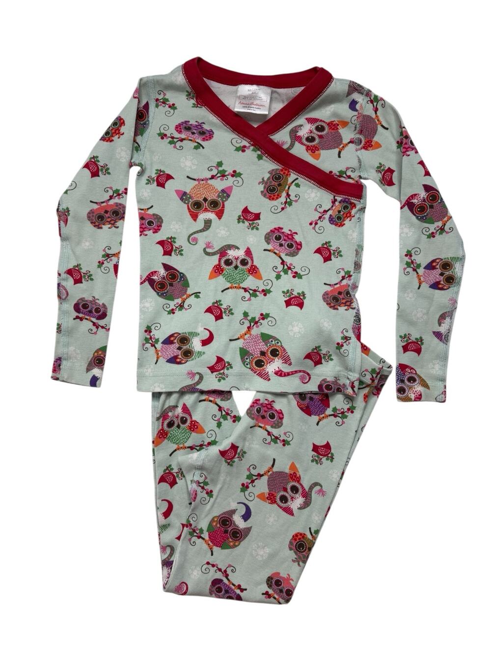 HANNA ANDERSSON Cute Owl Flower Long John Pajama Set Size 5 110 Kids Green Red